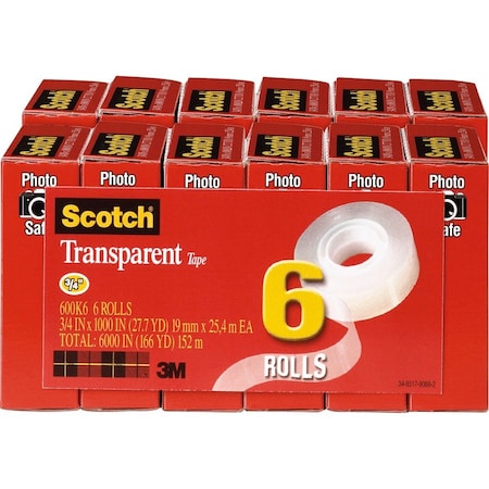 Scotch Transparent Tape, Refill, 1" Core, 3/4"x1000", 12 Rolls/BD PK MMM600K6BD